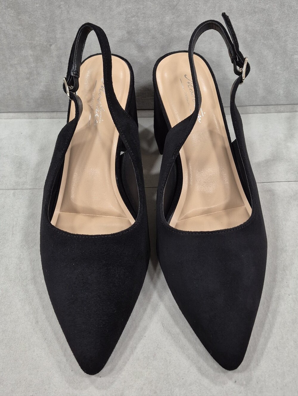 Mostrin sling back pumps women's 38.5 US 8 black suede point toe block heels - Picture 3 of 13